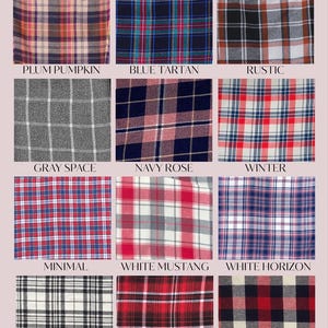 May include: A collection of 12 different plaid flannel fabric swatches in various colors, including red, blue, white, black, gray, and brown. The swatches are labeled with names like "Plum Pumpkin", "Blue Tartan", "Rustic", "Gray Space", "Navy Rose", "Winter", "Minimal", "White Mustang", "White Horizon", "Zebra", "Romeo", and "Reindeer".