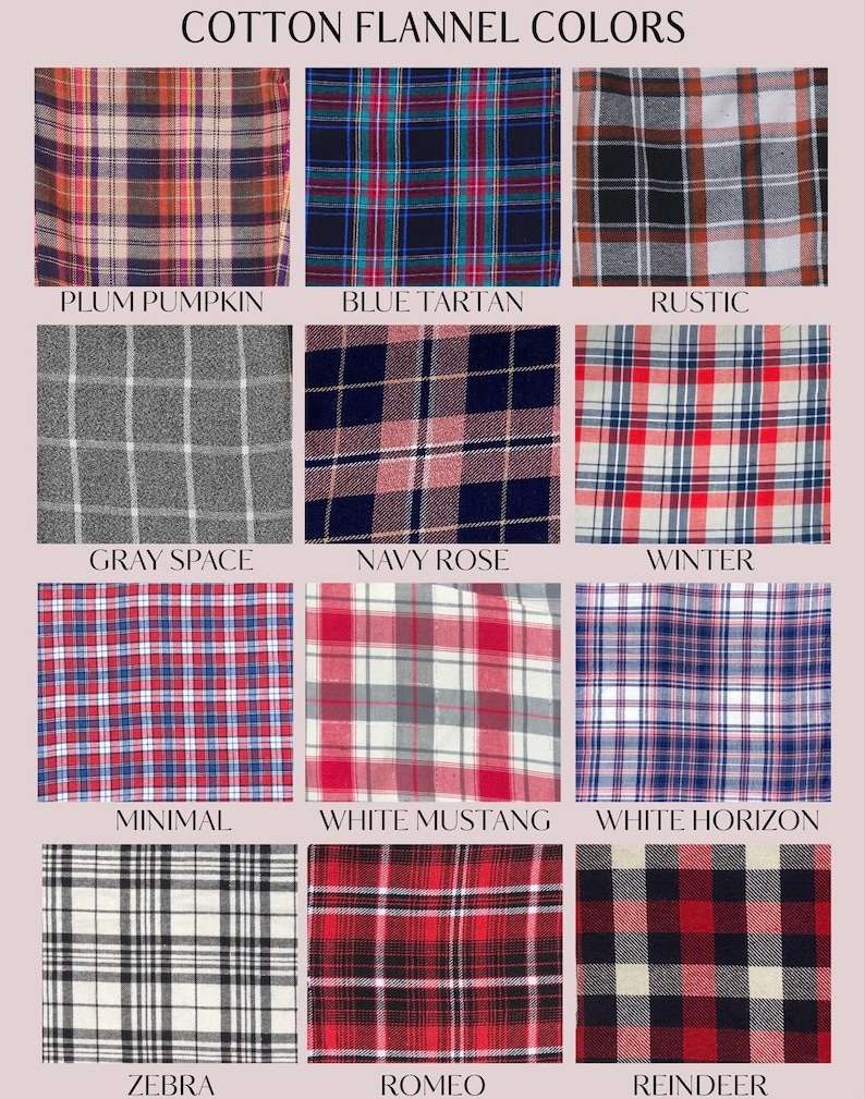 May include: A collection of 12 different plaid flannel fabric swatches in various colors, including red, blue, white, black, gray, and brown. The swatches are labeled with names like "Plum Pumpkin", "Blue Tartan", "Rustic", "Gray Space", "Navy Rose", "Winter", "Minimal", "White Mustang", "White Horizon", "Zebra", "Romeo", and "Reindeer".