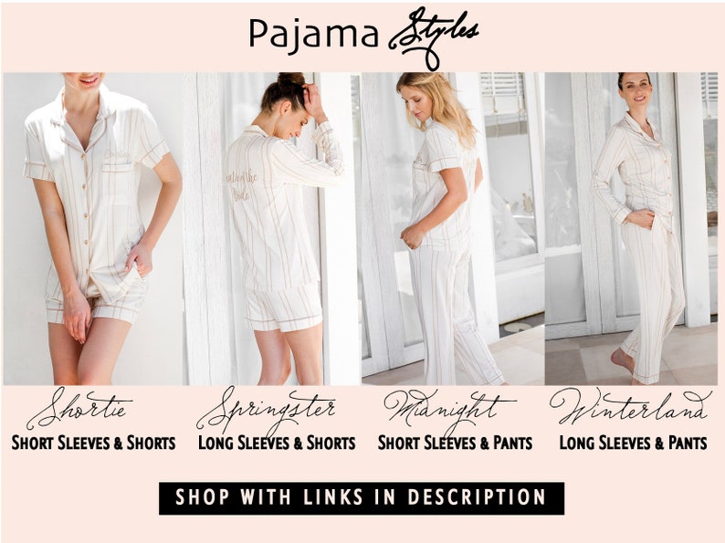 Puede incluir: Cuatro mujeres modelan diferentes estilos de pijamas con un patr&oacute;n a rayas. Los pijamas est&aacute;n disponibles con mangas cortas y largas, y pantalones cortos o largos. El texto "Pajama Styles" est&aacute; en la parte superior de la imagen. El texto "Shop with links in description" est&aacute; en la parte inferior de la imagen.