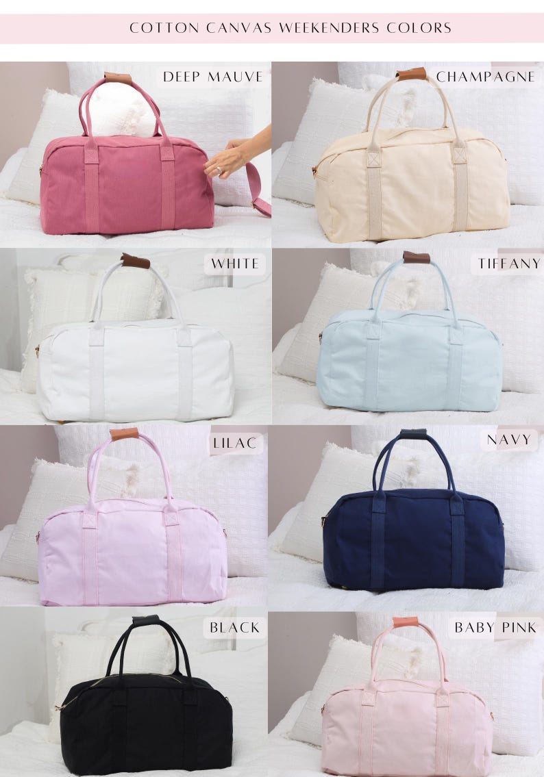 May include: Eight cotton canvas weekender bags in different colors: deep mauve, champagne, white, tiffany, lilac, navy, black, and baby pink.  Cotton Canvas Weekenders Colors.