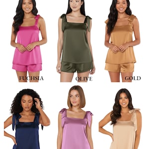 Ensembles de pyjama style débardeur avec noeud et cravate en soie pour la mariée et la demoiselle d'honneur : préparation des tenues de mariage image 6