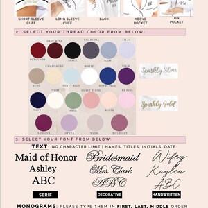 May include: A guide to embroidery options for clothing. The image shows different placement options for embroidery on a white shirt, including the short sleeve cuff, long sleeve cuff, back, above pocket, and on pocket. The image also shows a variety of thread colours, including burgundy, champagne, black, white, grey, plum, ecru, dusty blue, royal blue, ivory, dusty blush, baby pink, navy, sage, blush, sangria, opera, nude, and mulberry. The image also shows different font styles for embroidery, including serif, decorative, and handwritten. The image also shows different monogram styles, including ABC, ABc, AbC, aBc, ACB, and AcB.