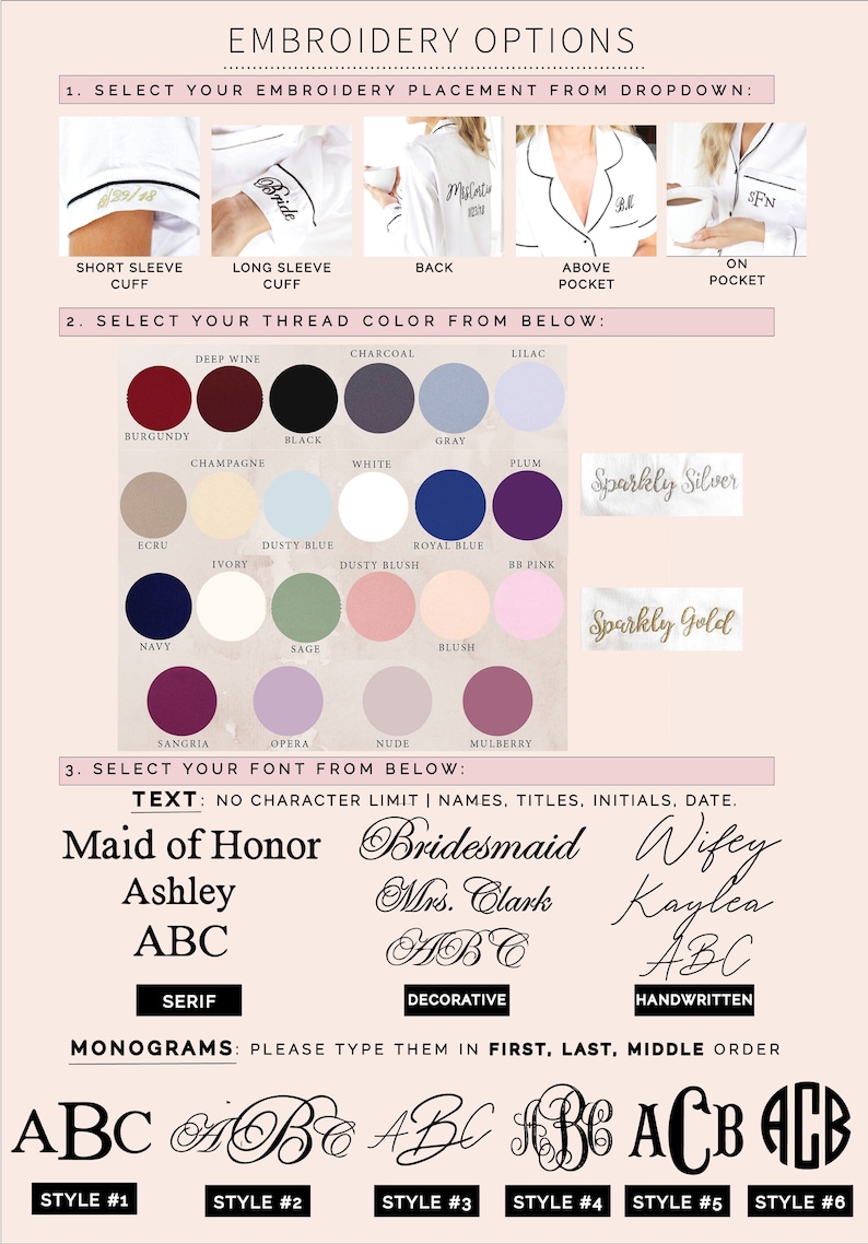 May include: A guide to embroidery options for clothing. The image shows different placement options for embroidery on a white shirt, including the short sleeve cuff, long sleeve cuff, back, above pocket, and on pocket. The image also shows a variety of thread colours, including burgundy, champagne, black, white, grey, plum, ecru, dusty blue, royal blue, ivory, dusty blush, baby pink, navy, sage, blush, sangria, opera, nude, and mulberry. The image also shows different font styles for embroidery, including serif, decorative, and handwritten. The image also shows different monogram styles, including ABC, ABc, AbC, aBc, ACB, and AcB.