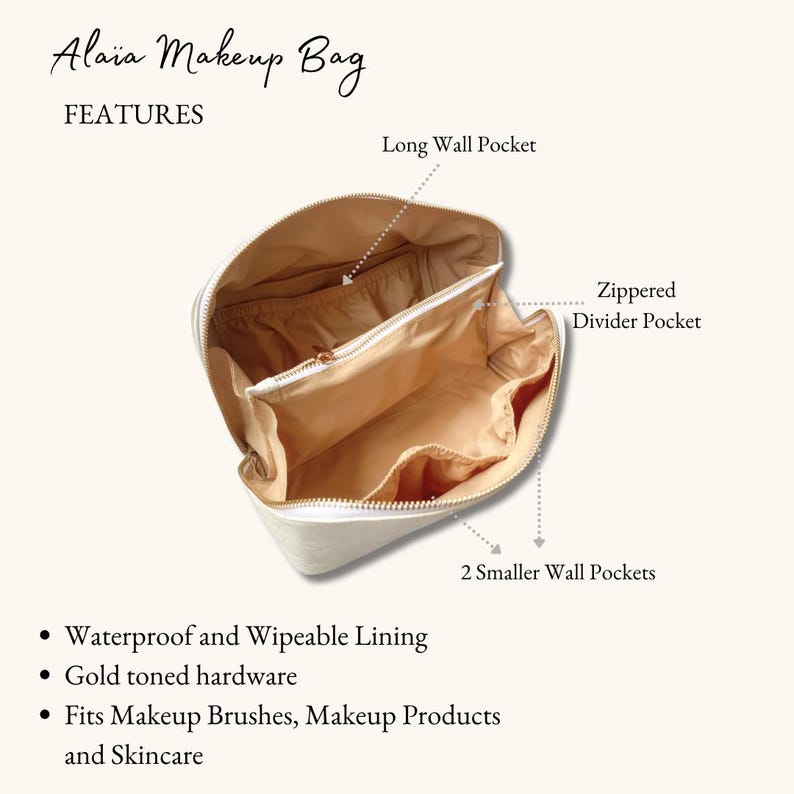 May include: White makeup bag with gold toned hardware. The bag has a zippered divider pocket, a long wall pocket, and two smaller wall pockets. The bag is lined with waterproof and wipeable material.