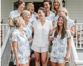 Blue Hydrangea PJs for Bridesmaid Pajamas Cotton Bachelorette Party PJs Blue Floral Bridesmaid Getting Ready Outfit On Cloud 9 Bachelorette