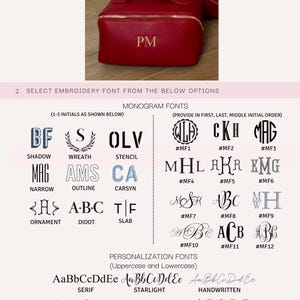 May include: A red leather cosmetic bag with a gold zipper and the initials "PM" embroidered in gold. The image shows different embroidery font options for personalization, including monogram fonts and personalization fonts.