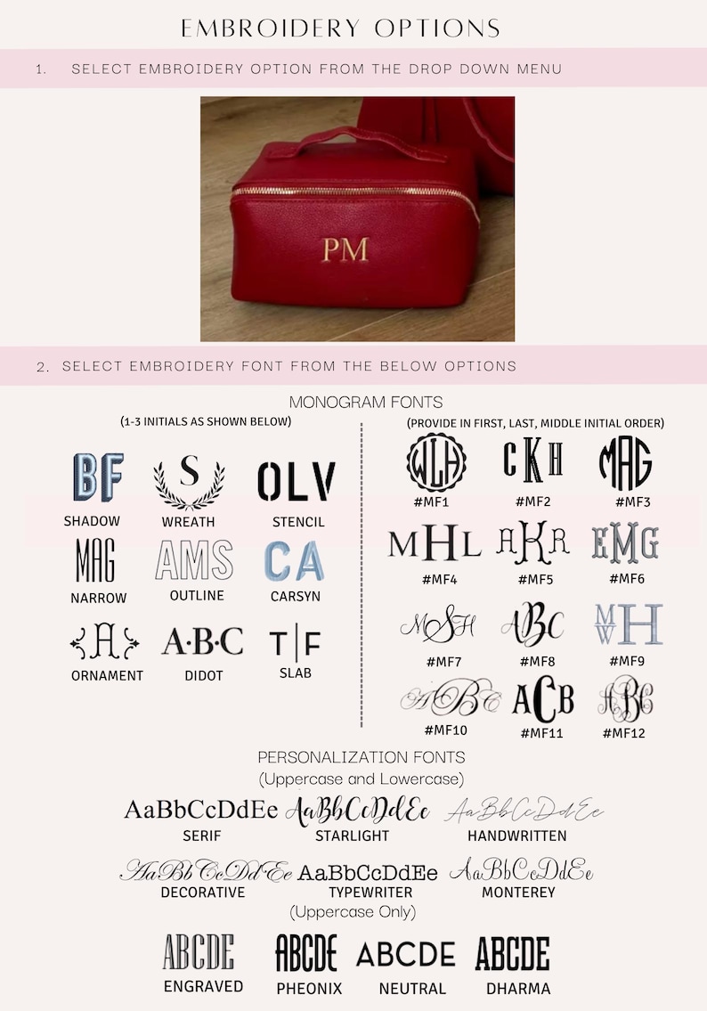 May include: A red leather cosmetic bag with a gold zipper and the initials "PM" embroidered in gold. The image shows different embroidery font options for personalization, including monogram fonts and personalization fonts.