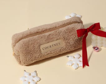 Personalized Teddy Makeup Bag Cute Faux Fur Cosmetic Pencil Pouch with Waterproof Lining, Gift for Teen Girls, School Pencil Case Fluffy