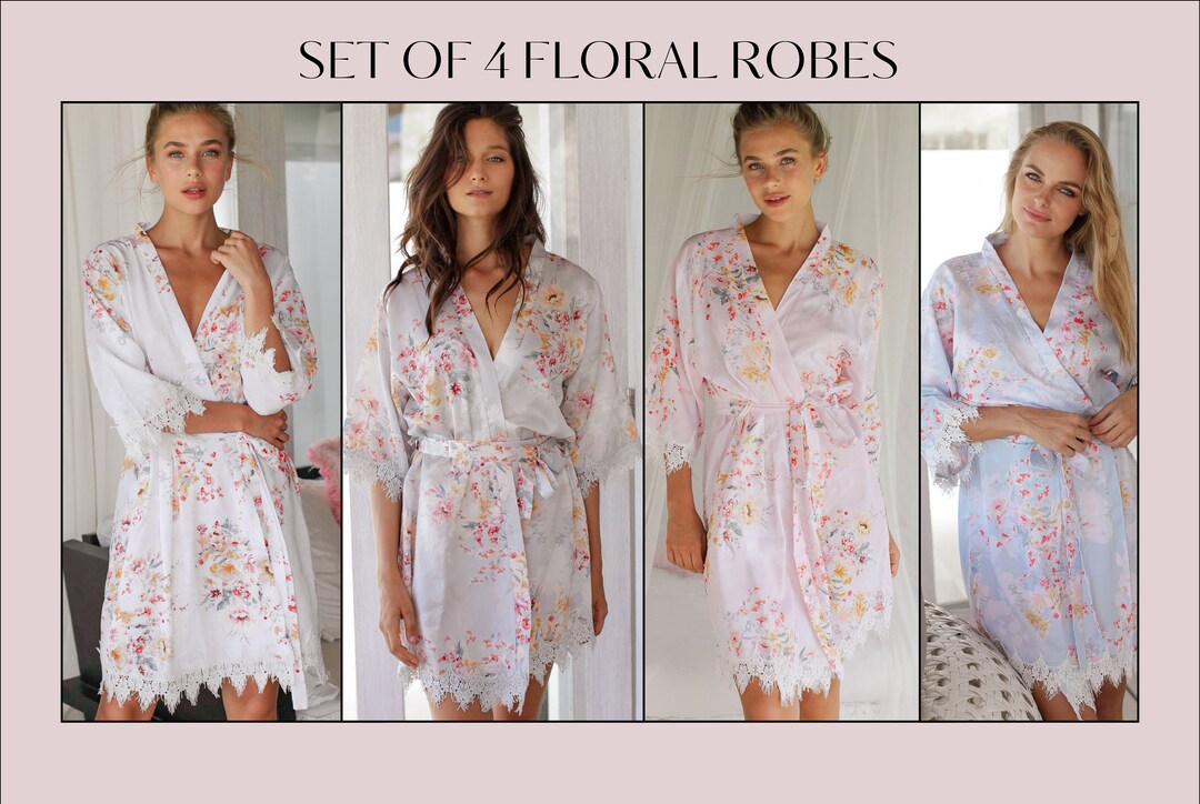 Personalised Prom Robe Set of 4 Bridal Party Robes Bridesmaid Robes Floral Lace Personalized ...