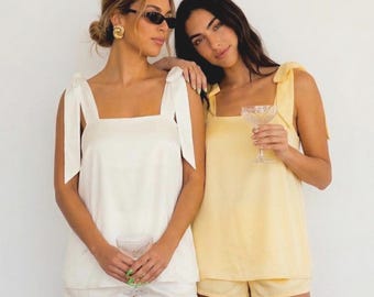Bridal Pjs - Silk Pajama Set Bow Tie Knot Tank Top Satin Pjs Sets | Bridal Party Satin PJs 2 Piece Cami Shorts