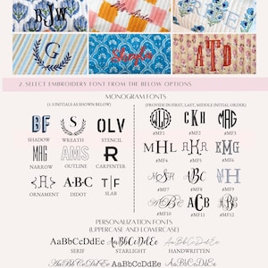 May include: Image showcasing embroidery options, including monogram and personalization fonts. Features examples of embroidered initials and names on various fabric patterns. Includes font styles like Serif, Starlight, and Handwritten.