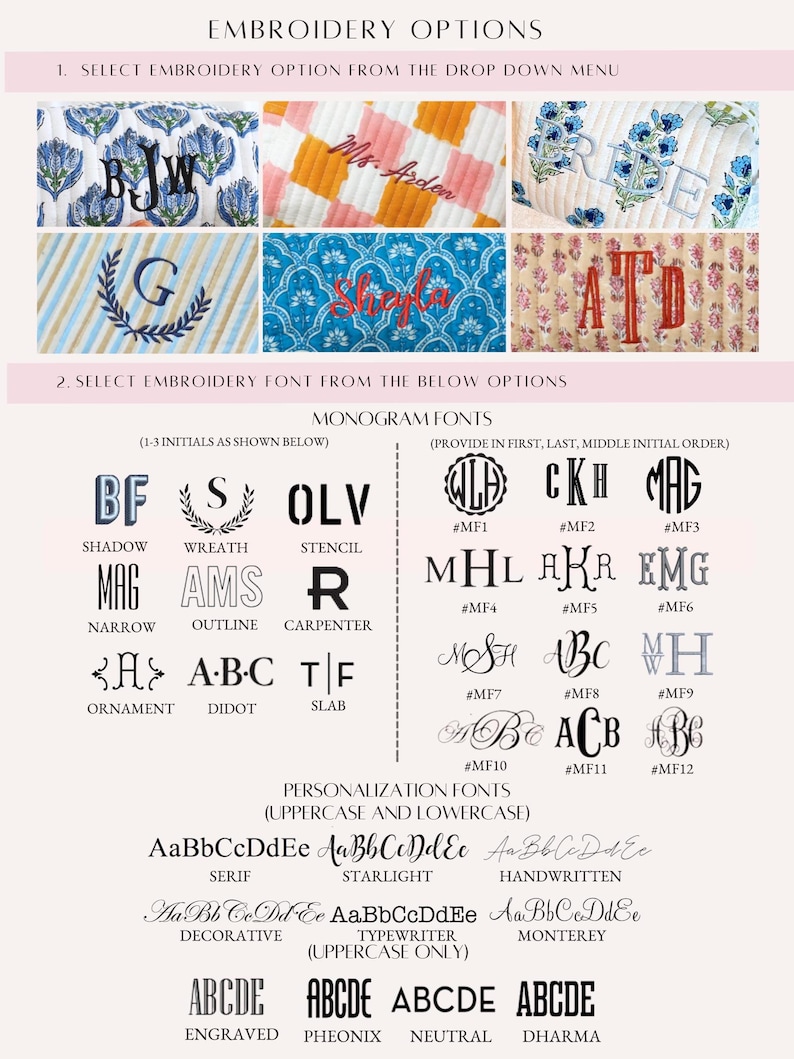 May include: Image showcasing embroidery options, including monogram and personalization fonts. Features examples of embroidered initials and names on various fabric patterns. Includes font styles like Serif, Starlight, and Handwritten.