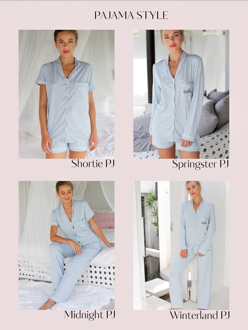 May include: Four different styles of light blue pyjamas with white trim and embroidery. The pyjamas are shown on models in various poses. The styles are called "Shortie PJ", "Springster PJ", "Midnight PJ", and "Winterland PJ".