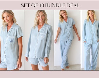 Set of 10 Bridesmaid Shirt Bridesmaid Proposal | Bridesmaid PJ Set | Bridesmaid Gifts | Silk Pajamas | Bridal PJs | Set of Bridesmaid Robes