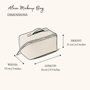 May include: A white makeup bag with a zipper closure and a handle. The bag measures 12 inches wide, 9.5 inches long, and 4.5 inches high.