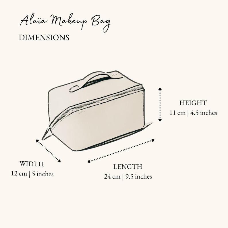 May include: A white makeup bag with a zipper closure and a handle. The bag measures 12 inches wide, 9.5 inches long, and 4.5 inches high.