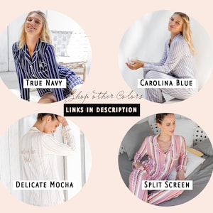 Puede incluir: Cuatro im&aacute;genes de mujeres con diferentes pijamas a rayas. Los colores son True Navy, Carolina Blue, Delicate Mocha y Split Screen. El texto "Shop other Colors LINKS IN DESCRIPTION" est&aacute; en el centro de la imagen.