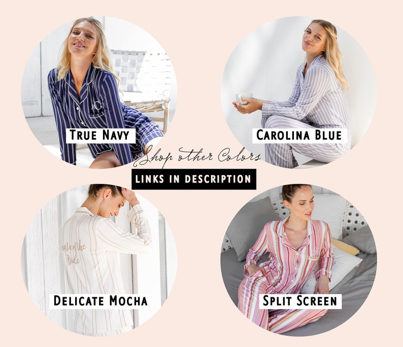 Puede incluir: Cuatro im&aacute;genes de mujeres con diferentes pijamas a rayas. Los colores son True Navy, Carolina Blue, Delicate Mocha y Split Screen. El texto "Shop other Colors LINKS IN DESCRIPTION" est&aacute; en el centro de la imagen.
