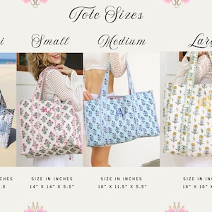 Puede incluir: Imagen que muestra cuatro bolsos tote de diferentes tama&ntilde;os: Mini, Small, Medium y Large. Las bolsas presentan varios patrones y colores, incluyendo dise&ntilde;os de conchas marinas azules y blancas, florales rosas, florales azules y florales amarillos. Las medidas se proporcionan en pulgadas.