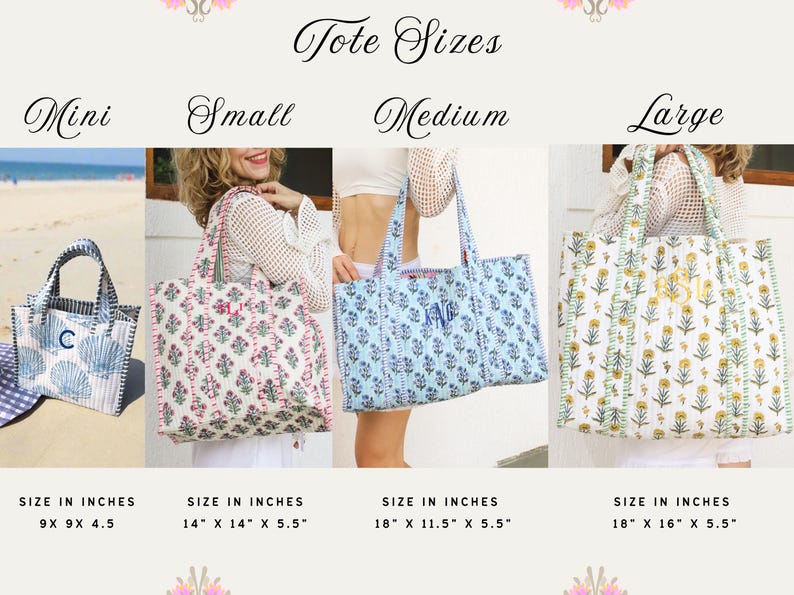 Puede incluir: Imagen que muestra cuatro bolsos tote de diferentes tama&ntilde;os: Mini, Small, Medium y Large. Las bolsas presentan varios patrones y colores, incluyendo dise&ntilde;os de conchas marinas azules y blancas, florales rosas, florales azules y florales amarillos. Las medidas se proporcionan en pulgadas.