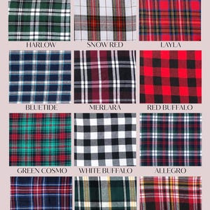 May include: A collection of 12 different plaid flannel fabric swatches in various colors, including red, green, blue, white, and black. The swatches are labeled with names like "Harlow", "Snow Red", "Layla", "Bluetide", "Merlara", "Red Buffalo", "Green Cosmo", "White Buffalo", "Allegro", "Buffy", "Jupiter", and "Sunset".