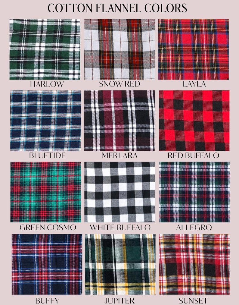 May include: A collection of 12 different plaid flannel fabric swatches in various colors, including red, green, blue, white, and black. The swatches are labeled with names like "Harlow", "Snow Red", "Layla", "Bluetide", "Merlara", "Red Buffalo", "Green Cosmo", "White Buffalo", "Allegro", "Buffy", "Jupiter", and "Sunset".
