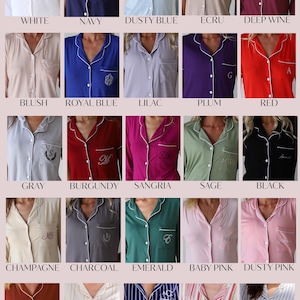 May include: A chart showing 20 different colors of pajamas with a white trim. The colors include white, navy, dusty blue, ecru, deep wine, blush, royal blue, lilac, plum, red, gray, burgundy, sangria, sage, black, champagne, charcoal, emerald, baby pink, dusty pink, burnt red, beige stripes, true navy, coral berry, and gray stripes.