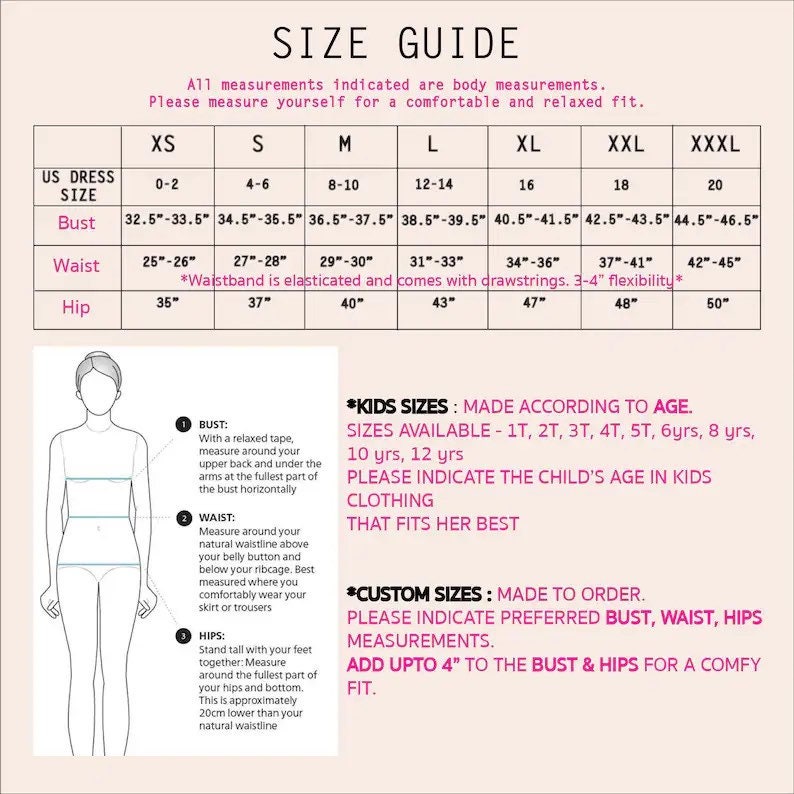 May include: Size guide chart for a dress with measurements in inches for bust, waist, and hips. The chart includes sizes XS to XXXL. The chart also includes information about kids sizes and custom sizes.