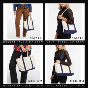 May include: A collection of canvas tote bags in small and medium sizes, with regular (5" and 6" drop) and long handles (14" drop). The bags are off-white with navy blue accents on the bottom and handles. The image shows the bags being held.
