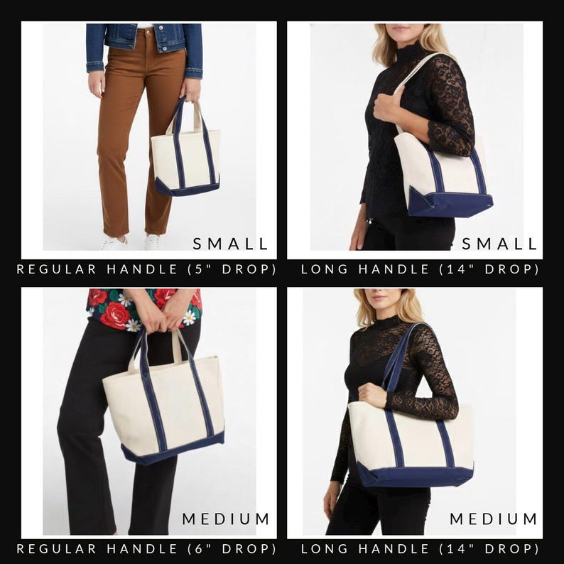 May include: A collection of canvas tote bags in small and medium sizes, with regular (5" and 6" drop) and long handles (14" drop). The bags are off-white with navy blue accents on the bottom and handles. The image shows the bags being held.