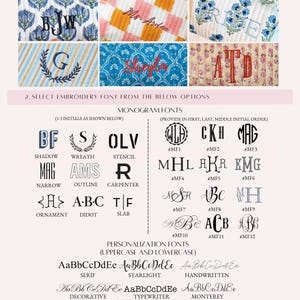 Puede incluir: Imagen que muestra opciones de bordado para art&iacute;culos personalizados. Incluye ejemplos de fuentes de monogramas y personalizaci&oacute;n, con varios estilos como Serif, Starlight y Handwritten. La imagen tambi&eacute;n muestra diferentes estilos y opciones de color de bordado.