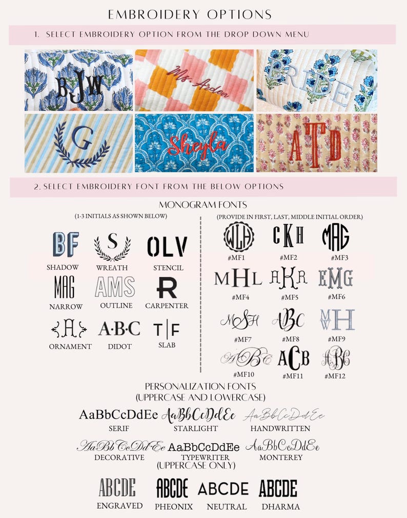 Puede incluir: Imagen que muestra opciones de bordado para art&iacute;culos personalizados. Incluye ejemplos de fuentes de monogramas y personalizaci&oacute;n, con varios estilos como Serif, Starlight y Handwritten. La imagen tambi&eacute;n muestra diferentes estilos y opciones de color de bordado.