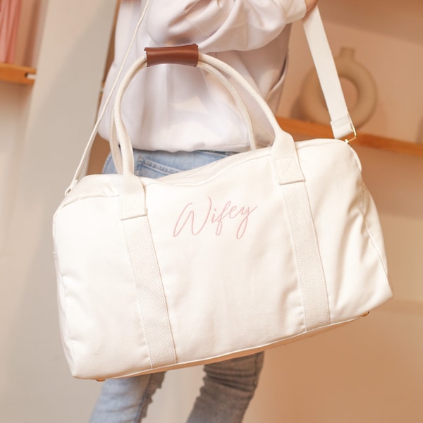 Sac polochon personnalisé cadeau mariée, sac de week-end femme, cadeau de Noël personnalisé pour la mariée, cadeau de douche nuptiale sac personnalisé Mme