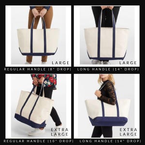 May include: Four canvas tote bags in various sizes: Large and Extra Large. Each bag is off-white with navy blue trim and handles. The image shows bags with regular and long handles, with 8", 10", and 14" drop lengths. Text on the image reads "LARGE" and "EXTRA LARGE".