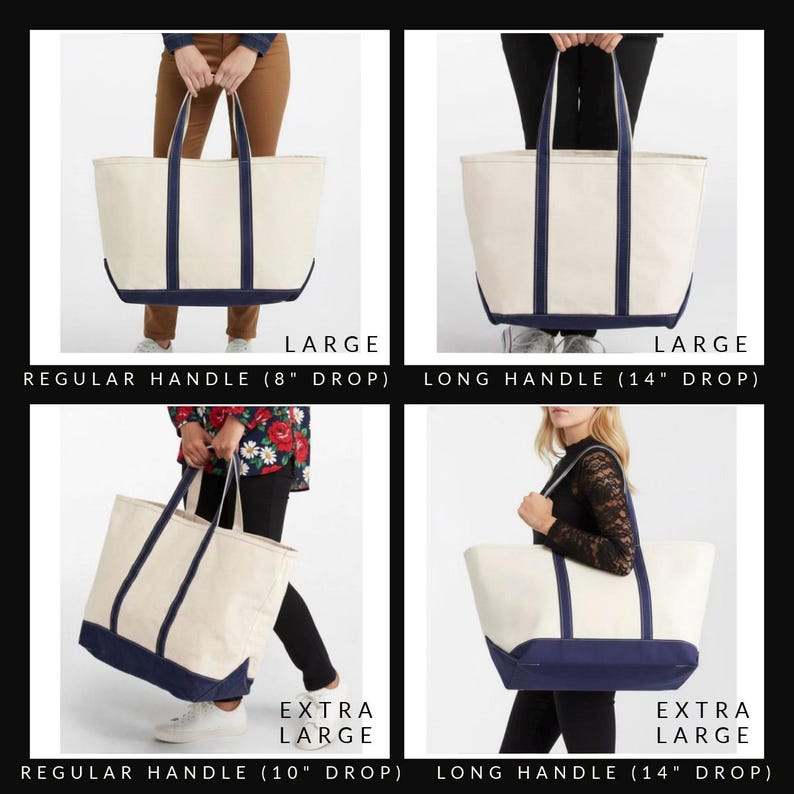 May include: Four canvas tote bags in various sizes: Large and Extra Large. Each bag is off-white with navy blue trim and handles. The image shows bags with regular and long handles, with 8", 10", and 14" drop lengths. Text on the image reads "LARGE" and "EXTRA LARGE".