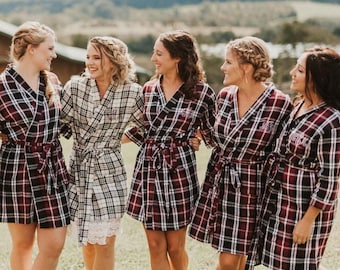 Plaid Bridesmaid Robes Flannel | Christmas Personalized Robe for Bridesmaid Proposal |  Bridesmaid Gift Winter Wedding Getting Ready Outfits