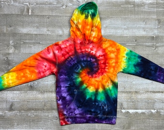 Rainbow Ice Dyed-hoodie voor jongeren – handgeverfd spiraalsweater