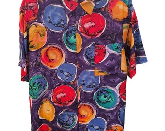 Camisa hawaiana vintage de rayón KANSAI O2 de los años 80 con diseño abstracto de un diseñador japonés