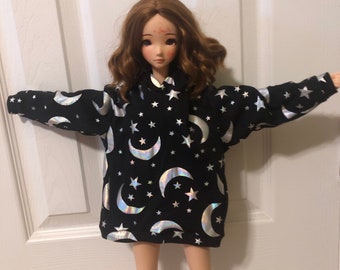 Classic Smart Doll Oversized Hoodie-Black and Holographic Moon-Classic Smart Doll Clothing