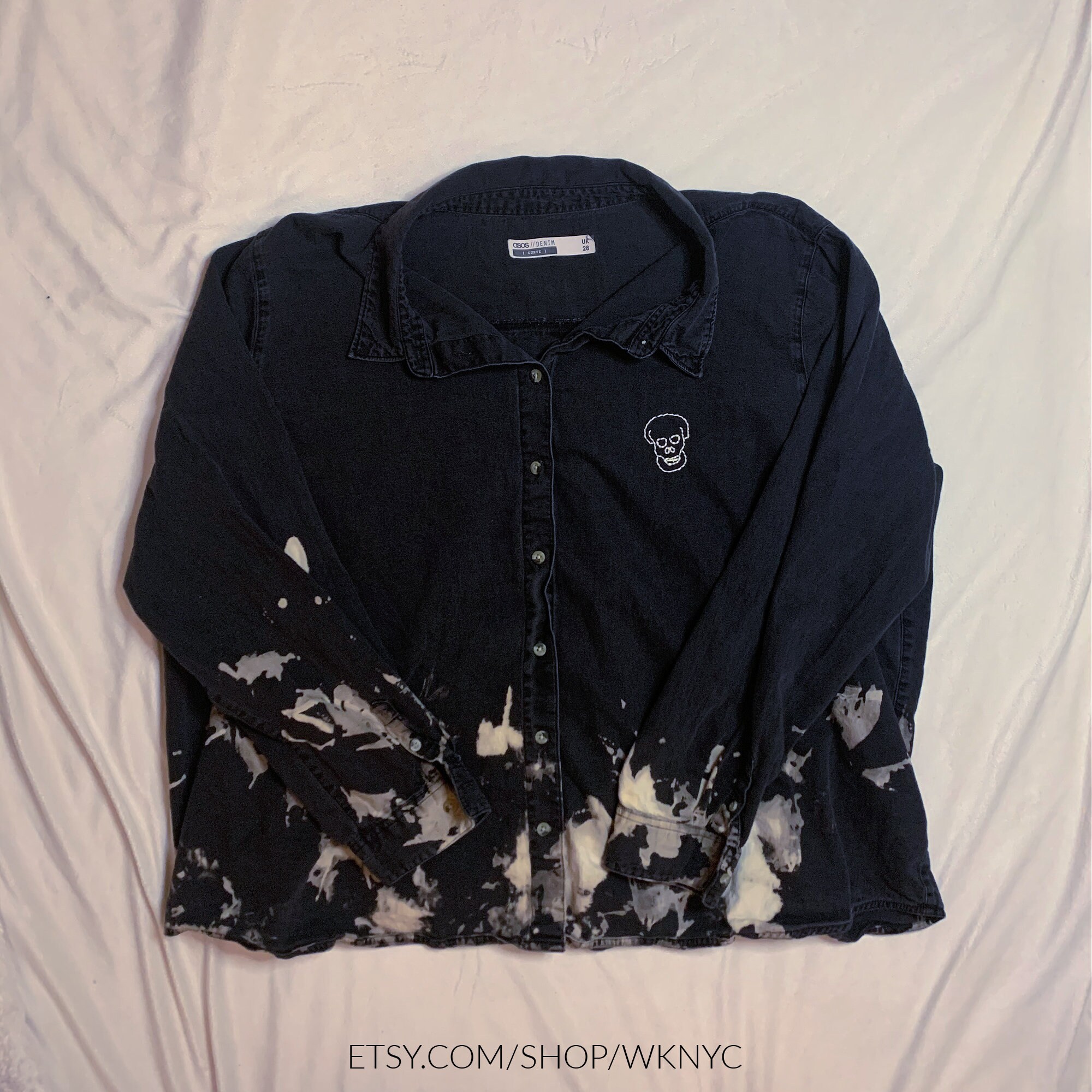 Upcycled Black Acid Wash Denim Shirt w/ Skull Embroidery ...