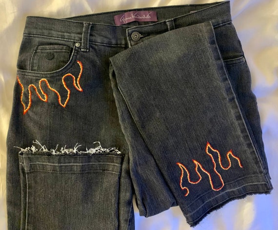 Upcycled Embroidered Flame High Waisted Black Denim Jeans | Etsy