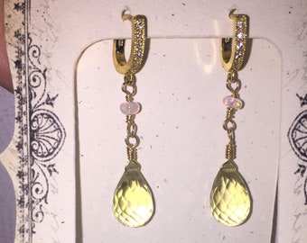 Lemon quartz and ethiopian opal dangle earrings in gold