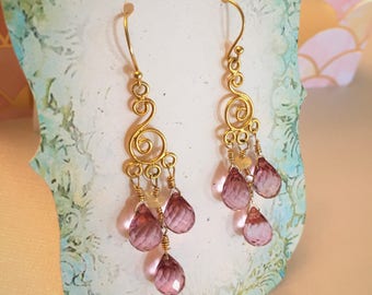 Natural pink topaz gemstone gold filled earrings