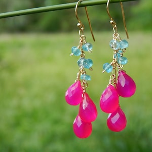 Hot pink chalcedony and apatite gemstone cluster earrings in gold