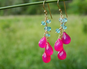 Hot pink chalcedony and apatite gemstone cluster earrings in gold