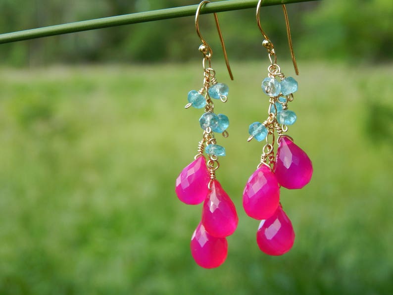 Hot pink chalcedony and apatite gemstone cluster earrings in gold