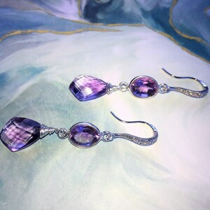 Fancy shape cut amethyst dangle earrings in sterling silver