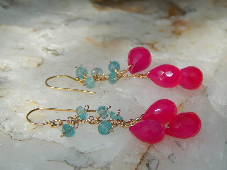 Hot pink chalcedony and apatite gemstone cluster earrings in gold