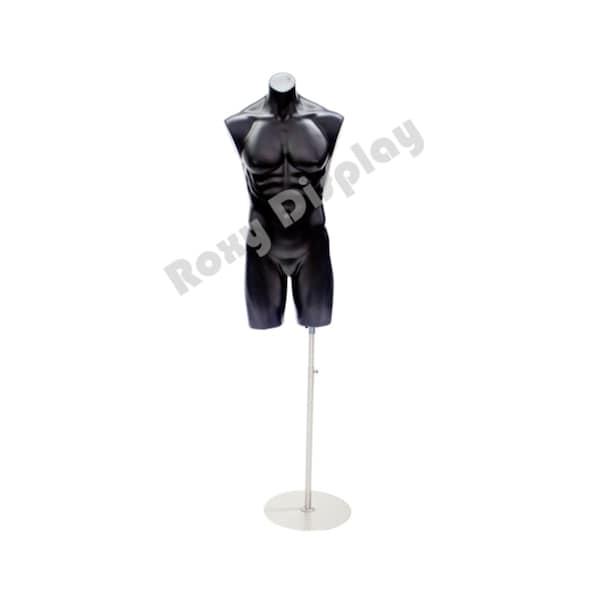 Adult Male Black Plastic 3/4 Body Mannequin Torso Form Display with Optional Base #P908F