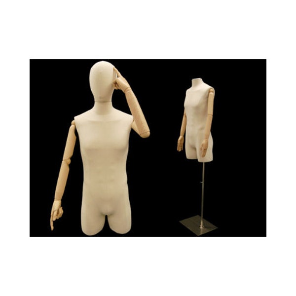 Adult Male Off White Linen Dress Form Mannequin Pinnable Torso with Articulating Arms and Removable Head #M2LARM